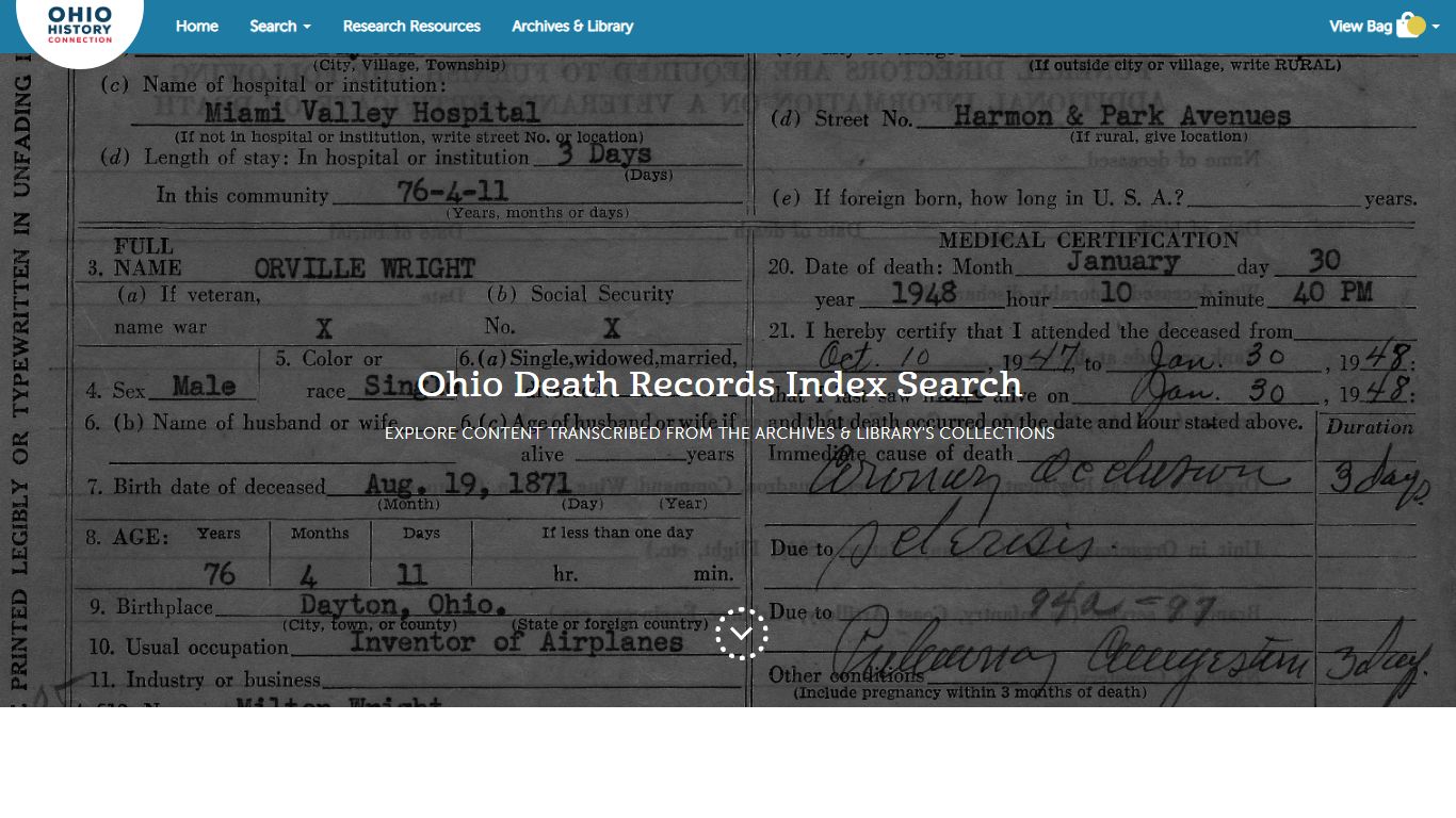 Ohio Death Record Index Search | Ohio History Connection